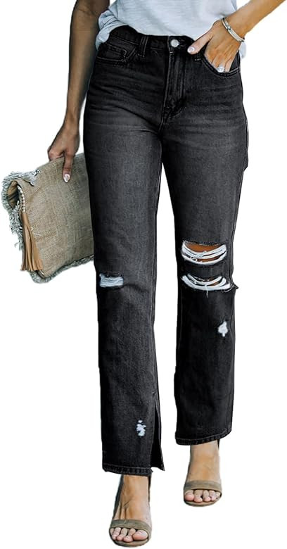 Sidefeel Women's Mid Waist Mom Jeans Straight Leg Washed Stretch Loose Fit Ripped Denim Pants | Amazon (US)