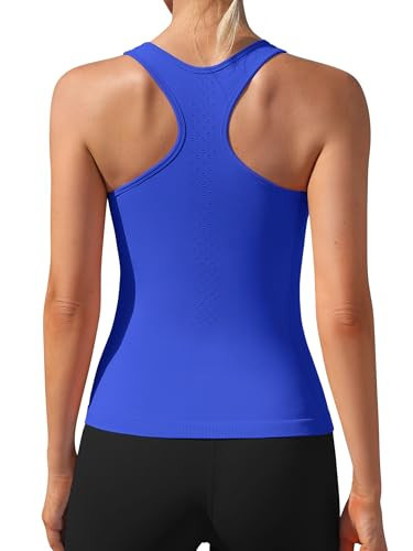 ATTRACO Workout Tank Tops for Women Athletic Basic Tanks Ribbed Yoga Tops with Built in Bra Blue X-Large | Amazon (US)