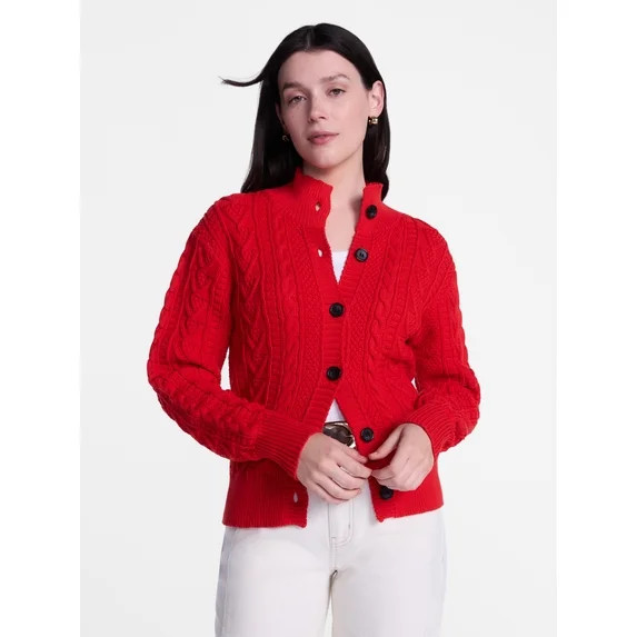 Scenario Woman's Cable Cardigan Sweater with Long Sleeves, Mid-weight, Sizes XS-XXXL | Walmart (US)