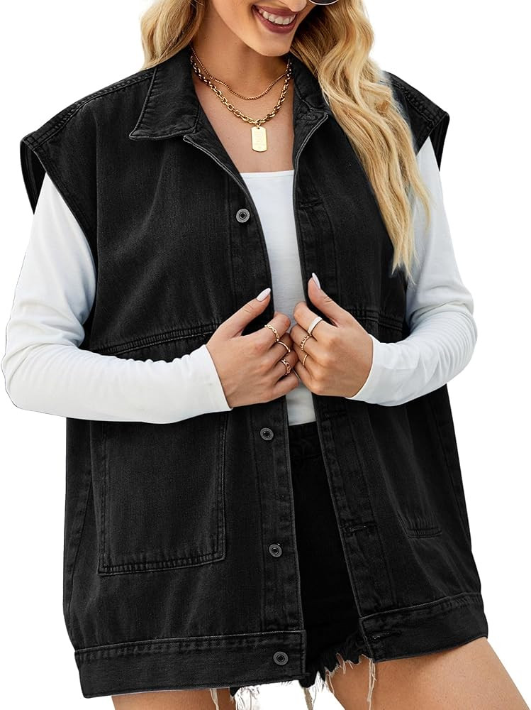 FindThy Women’s Vintage Denim Jean Vest Oversized Button Down Jean Waistcoat Gilet | Amazon (US)