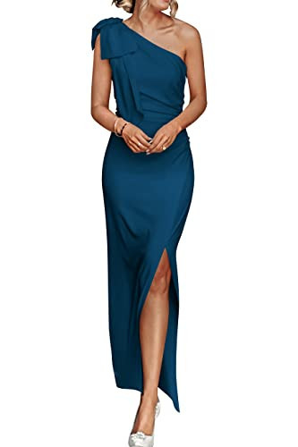 PRETTYGARDEN Women's Summer One Shoulder Long Formal Dresses Sleeveless Ruched Bodycon Cocktail Evening Slit Maxi Dress (Dark Blue,Large) | Amazon (US)