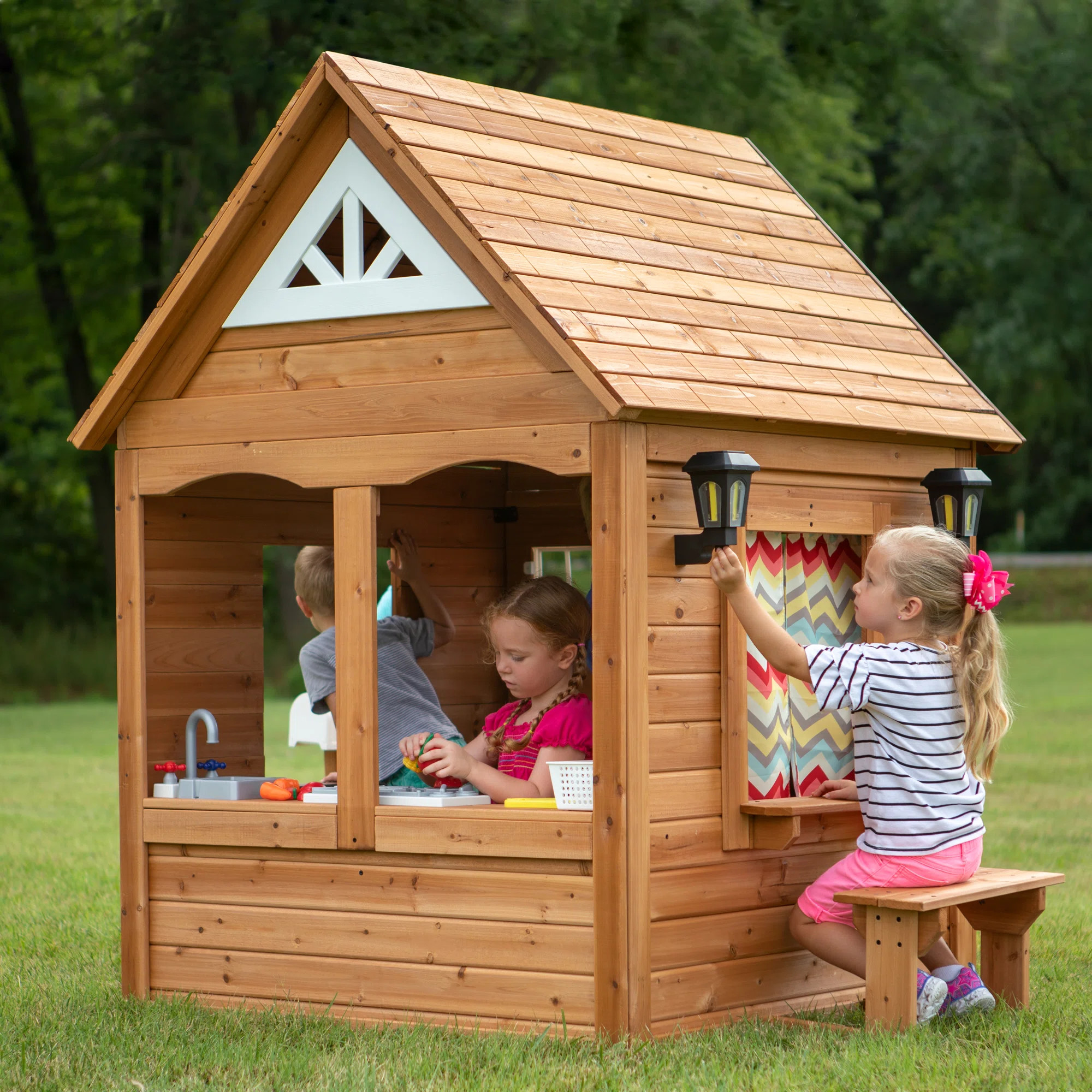 Backyard Discovery Aspen Cedar Wooden Kids Playhouse with Play Kitchen, Snack Bar Window, and Pic... | Wayfair North America