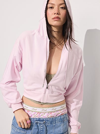 Soft Modal Bubble-Sleeve Full-Zip Cropped Hoodie, Pink, XL - Women's Hoodies & Sweatshirts - PINK | Victoria's Secret (US / CA )