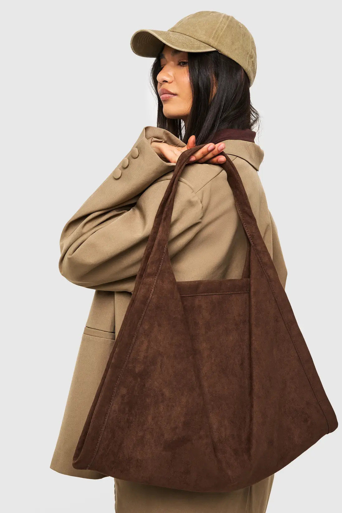 Chocolate Faux Suede Large Tote Bag | Boohoo | Boohoo.com (UK & IE)