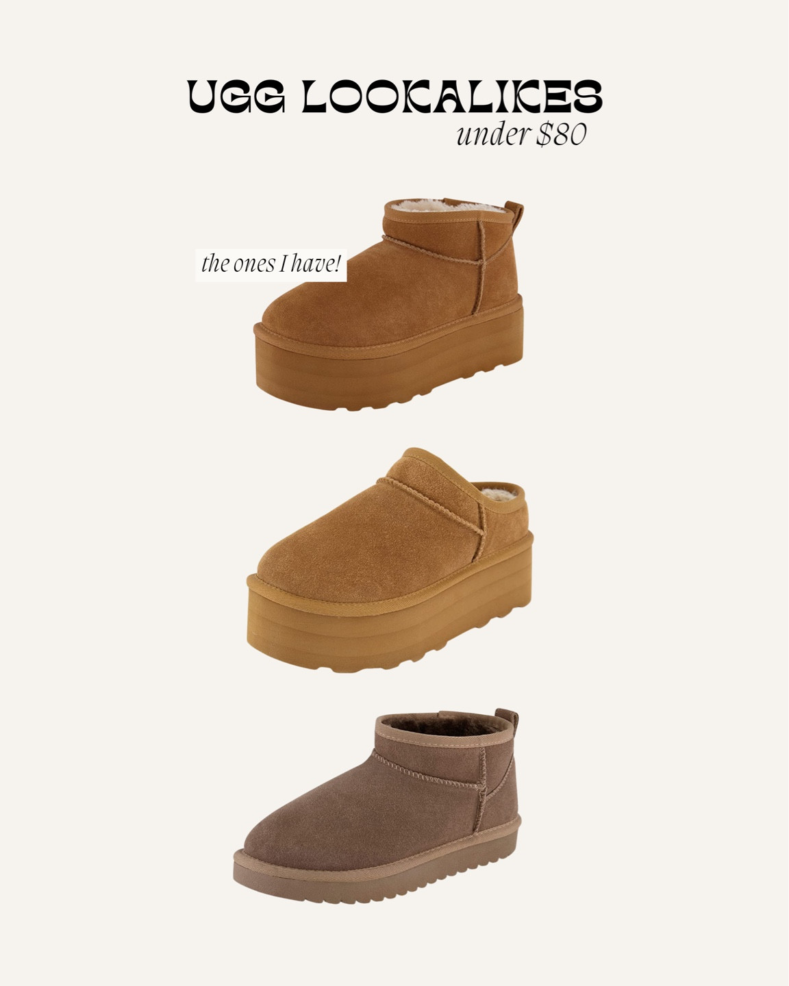 Ugg lookalikes! I have the top pair. Sooo cozy and soft. I love them they truly look just like uggs. All of these styles are sold out in the real uggs 😅 I bought 1/2 size up and I think it’s a perfect fit with a sock! 

#LTKshoecrush #LTKunder100 #LTKstyletip