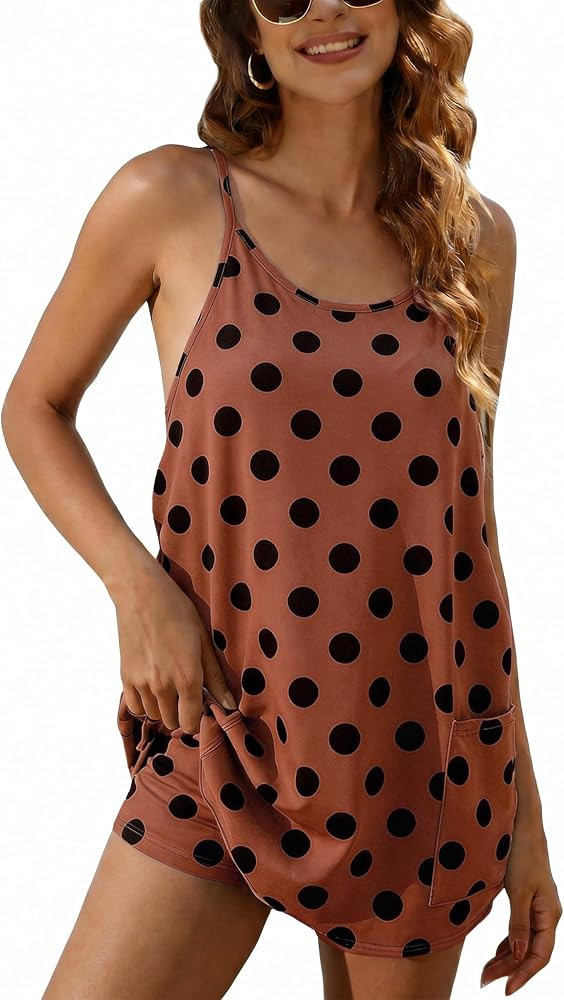 Athlisan Womens Polka Dot Athletic Tennis Mini Dress V Neck Spaghetti Strap Sundress Built in Sho... | Amazon (US)