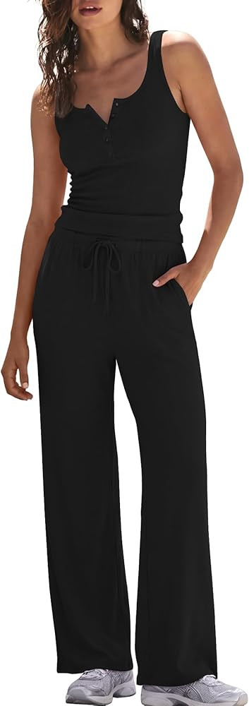 Darong Women's 2 Piece Matching Lounge Sets Summer Henley Neck Slightly Crop Tank Top Wide Leg Pa... | Amazon (US)