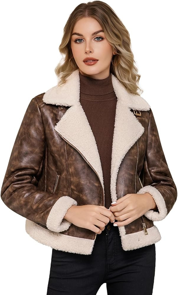 Women's Faux Shearing Moto Jacket Thick Fur Lined Coat Sherpa Leather Jacket | Amazon (US)