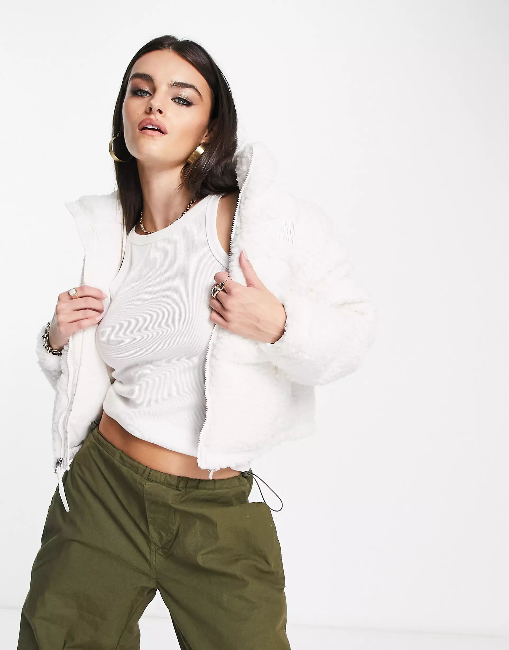 The North Face Nuptse cropped high pile down jacket in cream | ASOS (Global)
