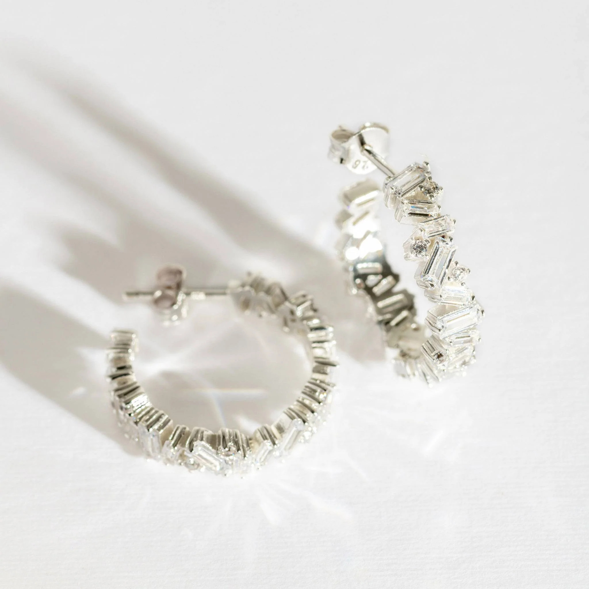 Sparkly Silver Baguette Hoop Earrings | Claire Hill Designs