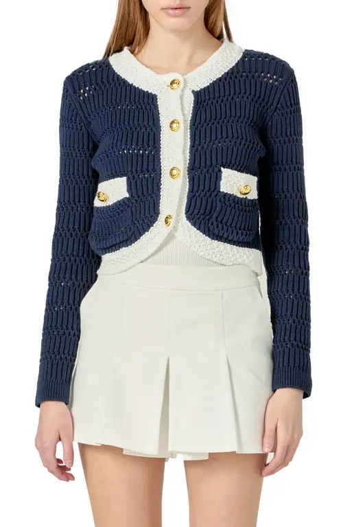 English Factory Contrast Crop Cardigan in Navy/White at Nordstrom, Size Medium | Nordstrom