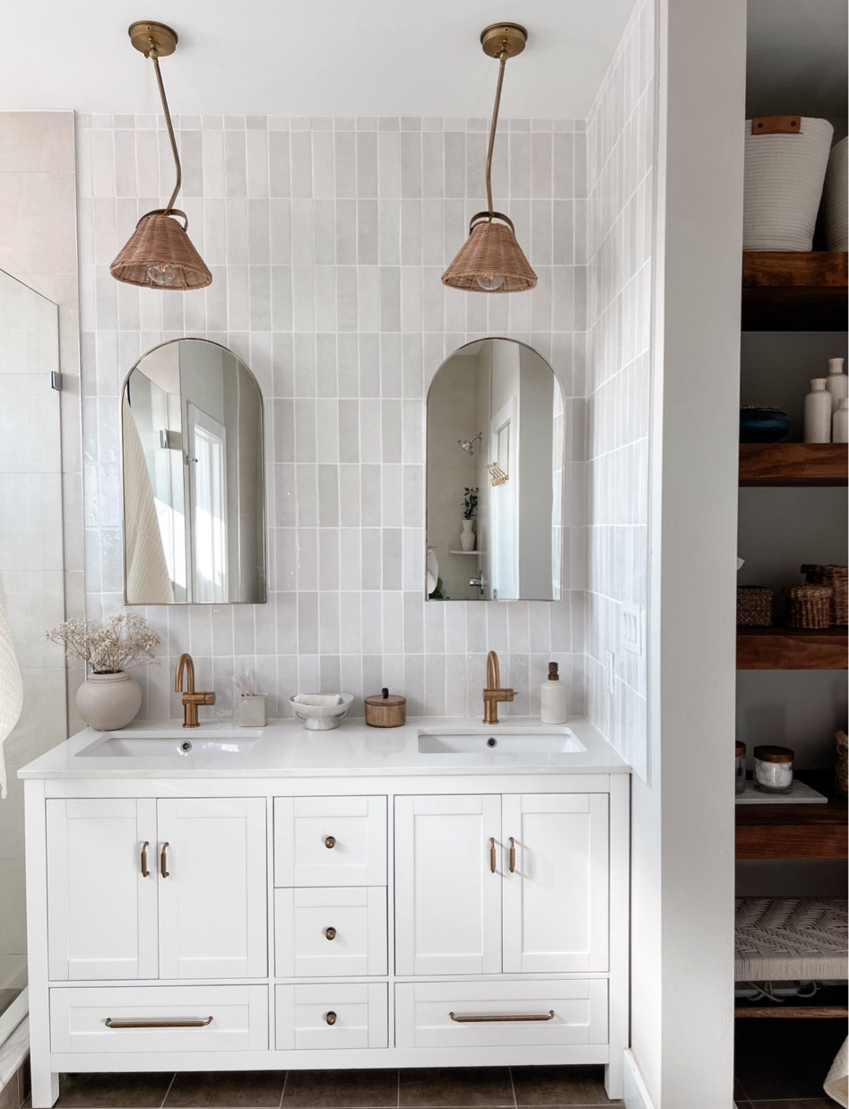 Primary bathroom inspo - tiled backsplash. White bathroom. Organic modern bathroom. 

#LTKhome