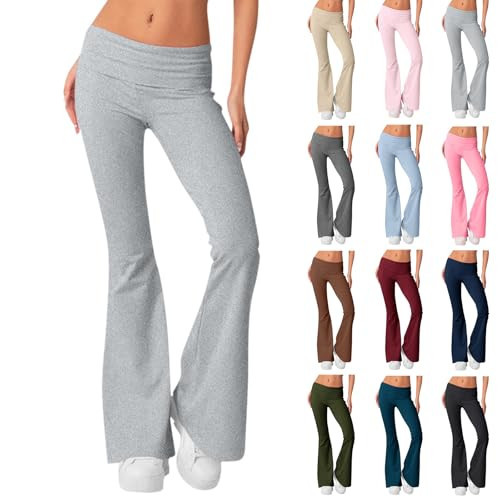 Flowy Flare Pants for Women - Wide Leg Yoga Leggings, Fold Over Low Rise Sweatpants, Y2k Cute Workout Gym Bootcut Bell Bottom, Comfy Lounge Cotton Latina Clothes | Amazon (US)