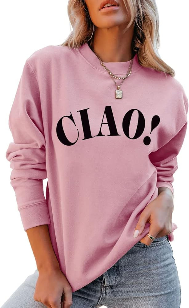 QYZ-Top Ciao Italian Hello Pullover - Womens Casual Long Sleeve Letter Italian Goodbye Graphic Sw... | Amazon (US)