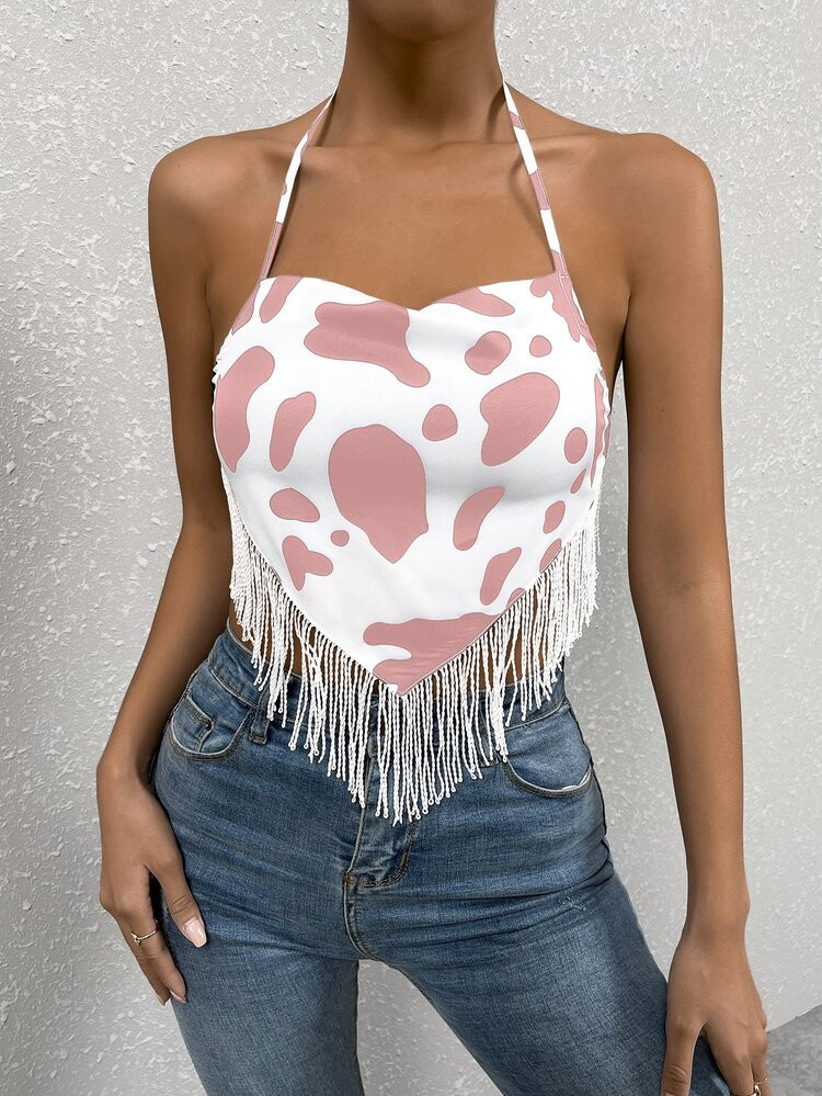 Cow Print Hanky Hem Halter Top | SHEIN
