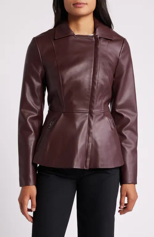 Via Spiga Peplum Faux Leather Moto Jacket in Burgundy at Nordstrom, Size Small | Nordstrom