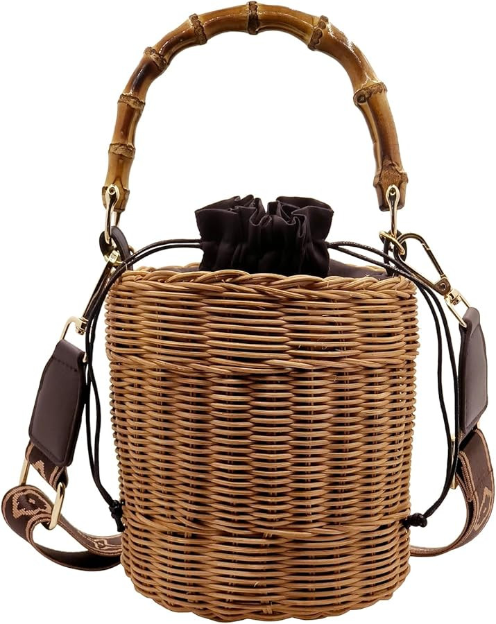 Flower Pearls Rattan Tote Bag Summer Beach Drawstring Straw Bucket Bag Diamonds Woven Handbag | Amazon (US)