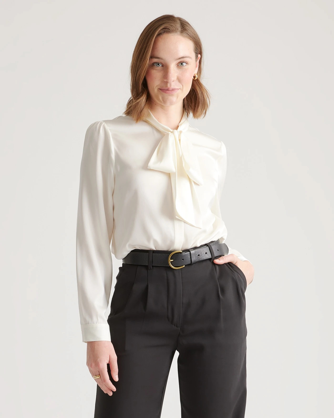 Quince | Women's Washable Stretch Silk Tie Neck Blouse in Forest Green, Size Small | Quince