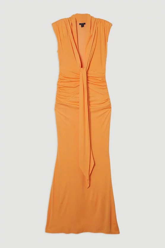 Plus Size Plunge Ruched Twist Jersey Maxi Dress | Karen Millen UK + IE + DE + NL