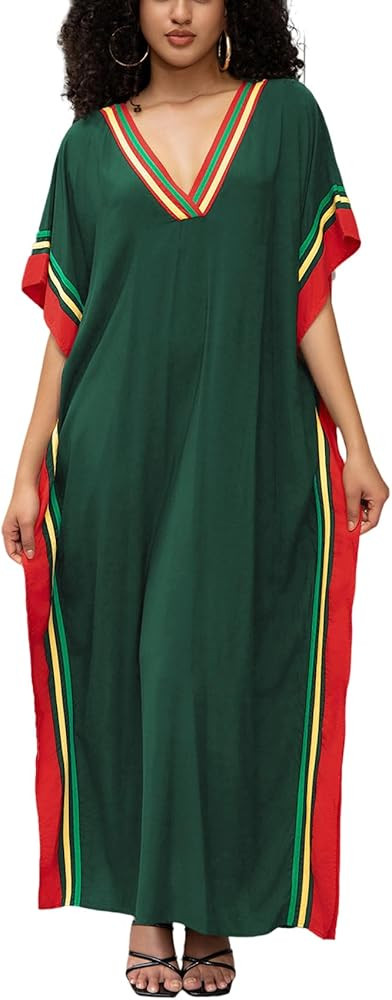 Kaftan Dresses for Women V-Neck Print Swimsuit Cover Up Plus Size Beach Caftan Lounge Dress | Amazon (US)