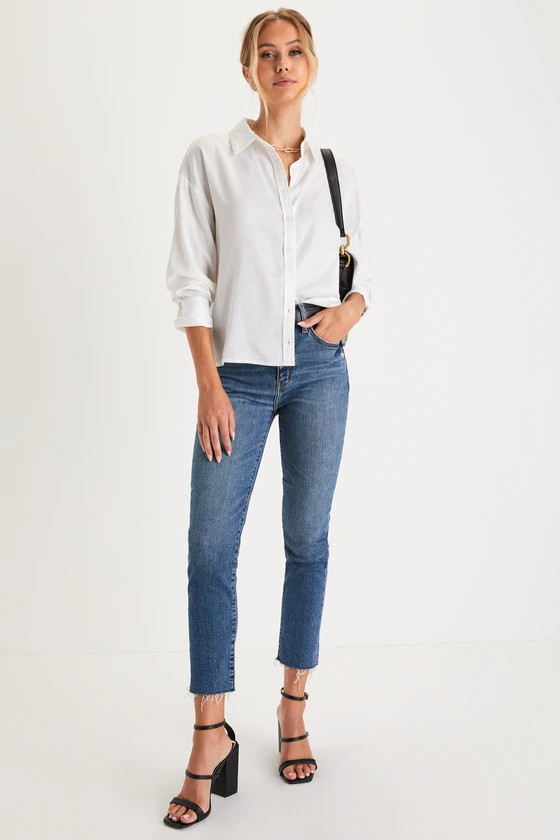 Daily Driver Dark Wash Distressed High Rise Straight Jeans | Lulus (US)