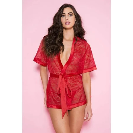 Lace short sleeve kimono robe with waist belt - Style: 60100-RED | Walmart (US)