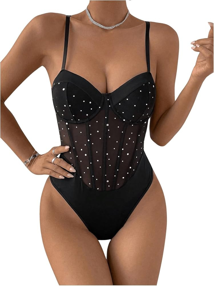 SweatyRocks Women's Corset Bodysuit Mesh Sheer Sleeveless Cami Jumpsuit Shirts Tops | Amazon (US)