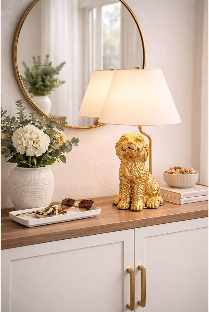 Golden Doodle Table Lamp with Painted Gold Finish & Tapered Linen Shade, 18" H, Socket for Bedroo... | Amazon (US)