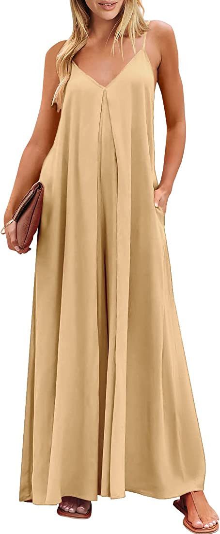 ANRABESS Women's Summer Casual Spaghetti Strap V Neck Oversized Wide Leg Jumpsuit Pockets Beach T... | Amazon (US)