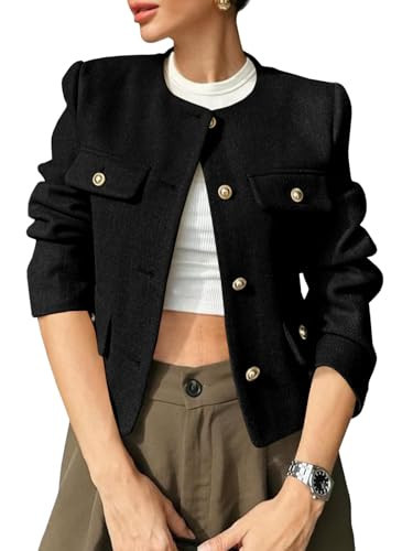 Cicy Bell Womens Cropped Tweed Blazers Jacket Collarless Button Down Business Casual 2025 Fall Outfits Winter Coats Black | Amazon (US)