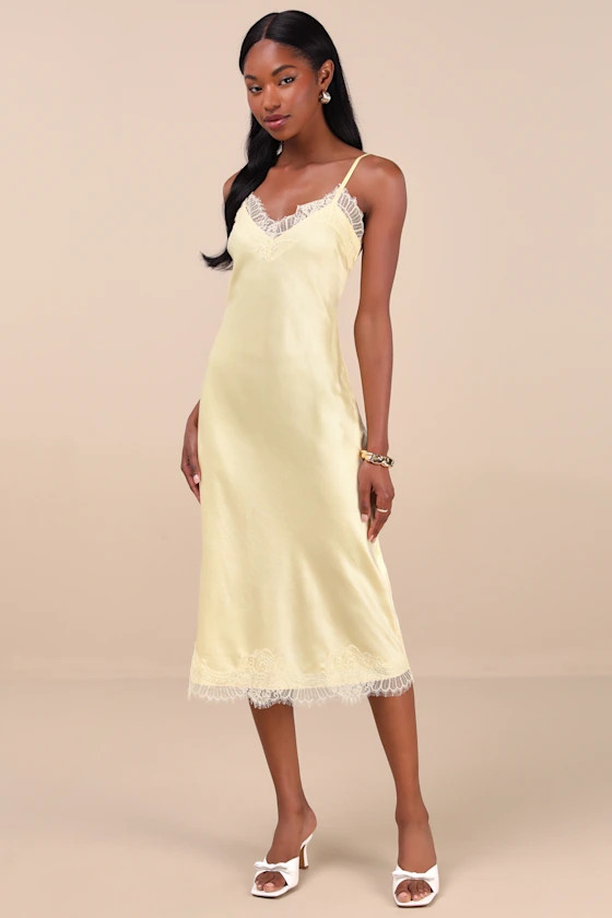 Raenne Light Yellow Crinkle Satin Lace Midi Slip Dress | Lulus