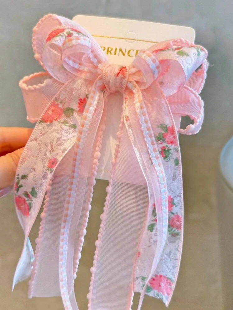 1pc Girls' Fresh & Sweet Net Yarn Flower Printed Ribbon Bow Ribbon Hair Clip | SHEIN