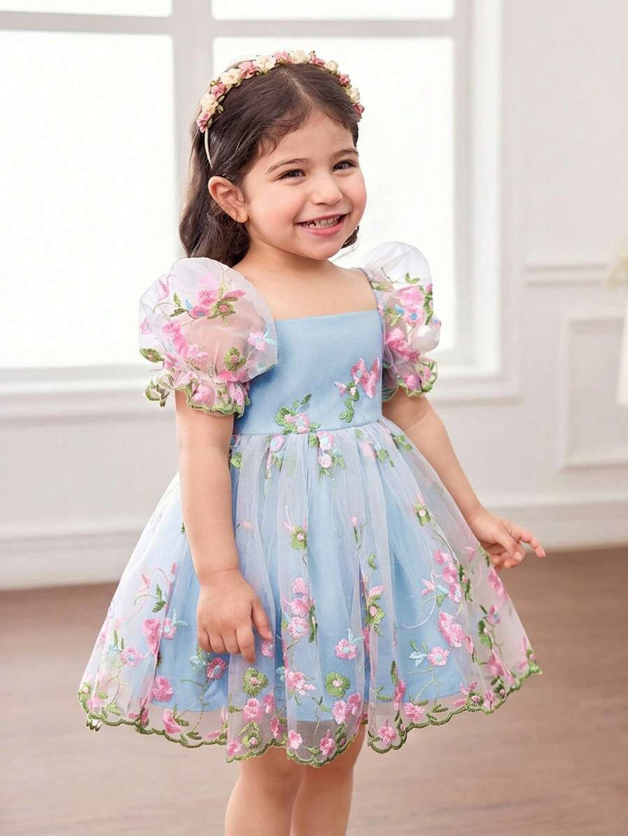 Babygirl Cute & Elegant Green Floral Embroidered Mesh Short Sleeve Dress | SHEIN