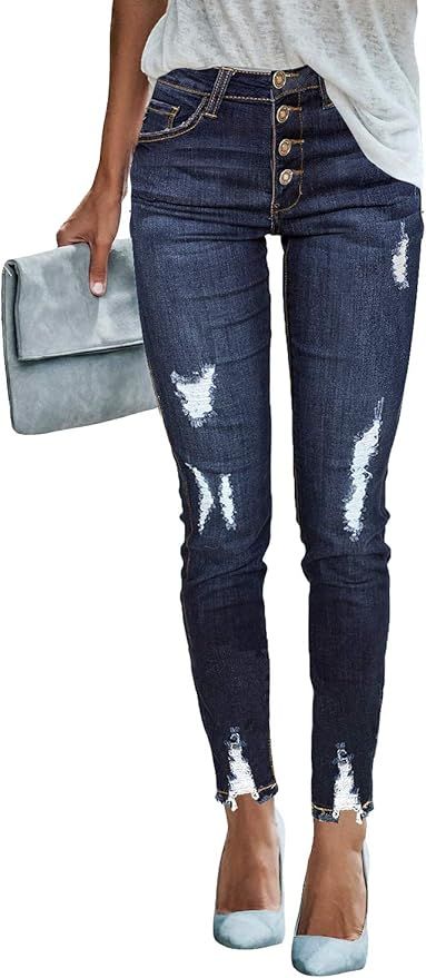 luvamia Women's Ripped Denim Jeans Frayed Hem Skinny Stretch Jean Leggings Pants | Amazon (US)