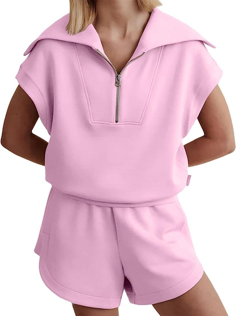 Meladyan Woman Two Piece Half Zip Sweatshirts Shorts Set Lapel Collar Cap Sleeve Sweatshirt High ... | Amazon (US)