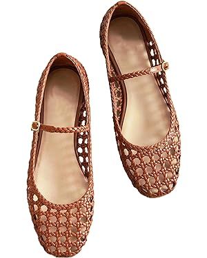 Woven Mesh Ballet Flats for Women with Metal Buckle Strap Ballerina Flat Shoes Comfortable Round ... | Amazon (US)