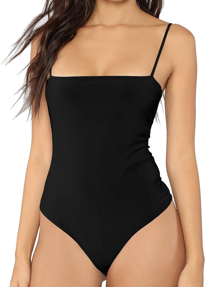 MANGDIUP Women's Square Neck Backless Camisole Adjustable Spaghetti Strap Bodysuit（Black, XL at... | Amazon (US)