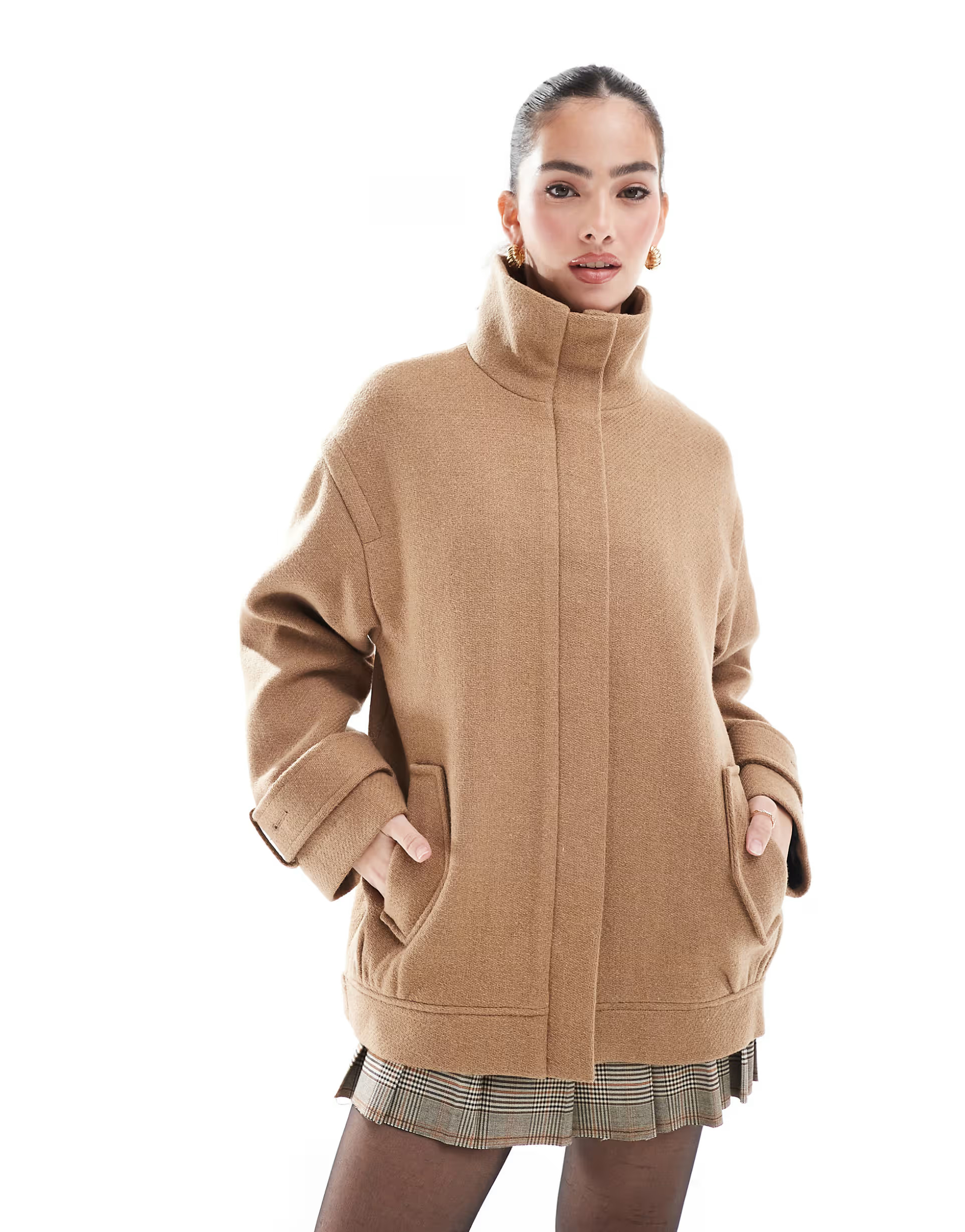 ASOS DESIGN funnel neck wool bomber jacket in camel | ASOS | ASOS (Global)