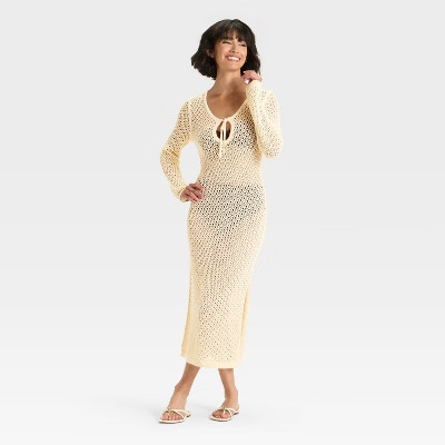 Women's Crochet-Style Long Sleeve Maxi Sweater Dress - A New Day™ Cream | Target
