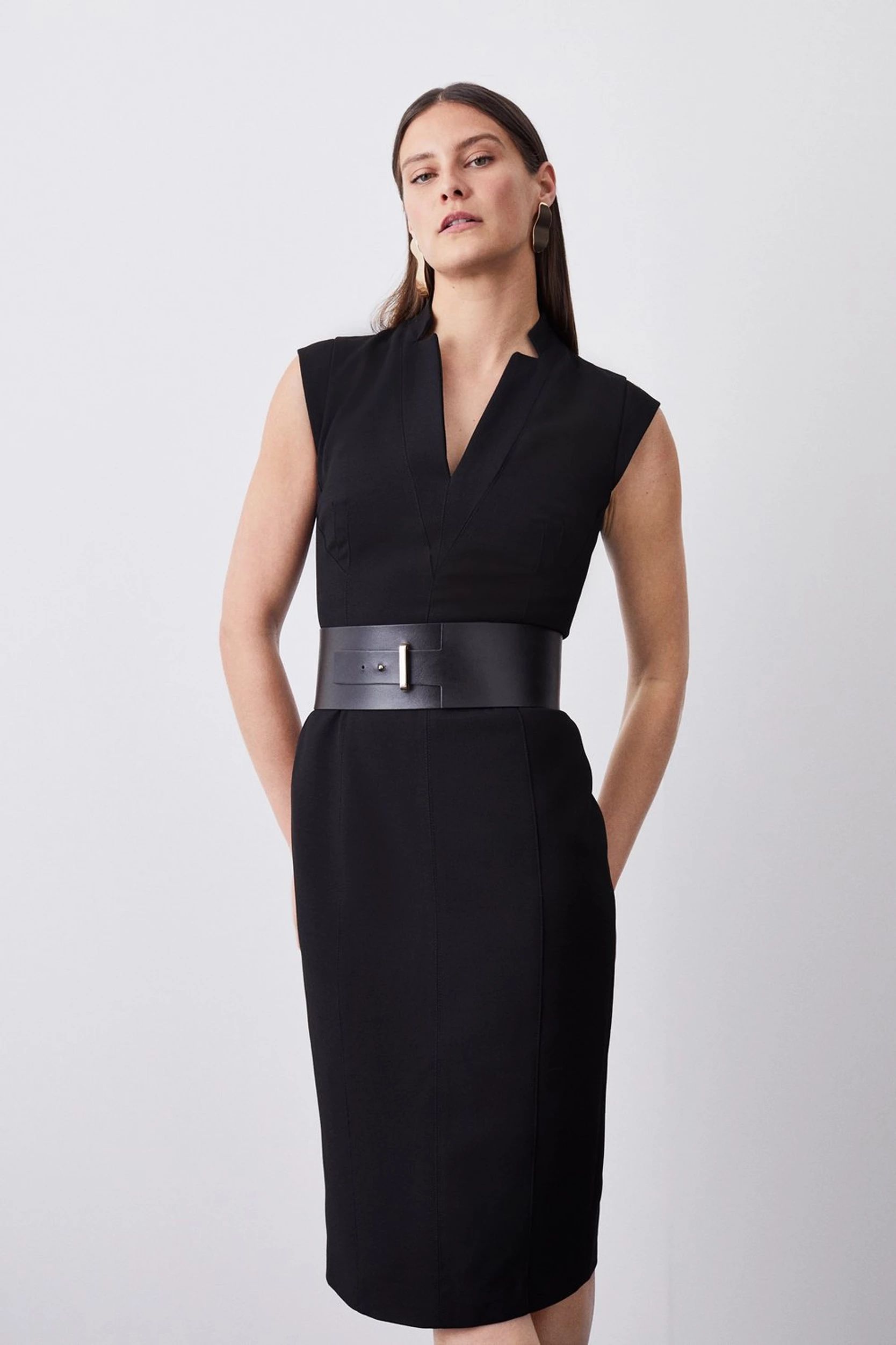 Structured Crepe Forever Cap Sleeve Belted Dress | Karen Millen UK + IE + DE + NL