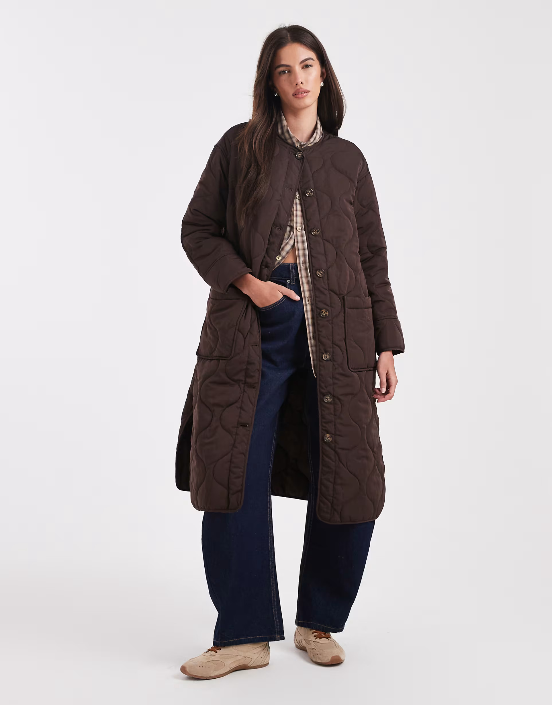 Object long quilted coat in chocolate brown | ASOS (Global)