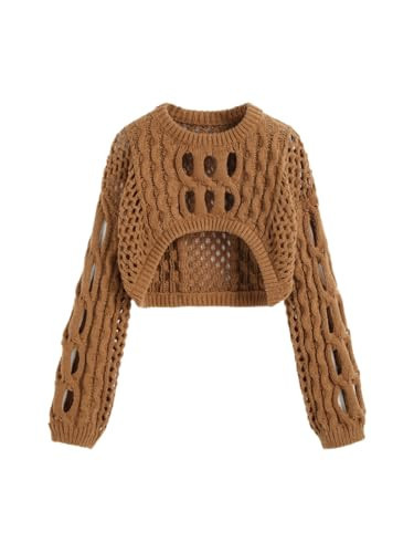 CIDER Cropped Sweaters for Women Knit Round Neckline Hollow Out Long Sleeve Crop Top Sweaters: Brown, XXS | Amazon (US)