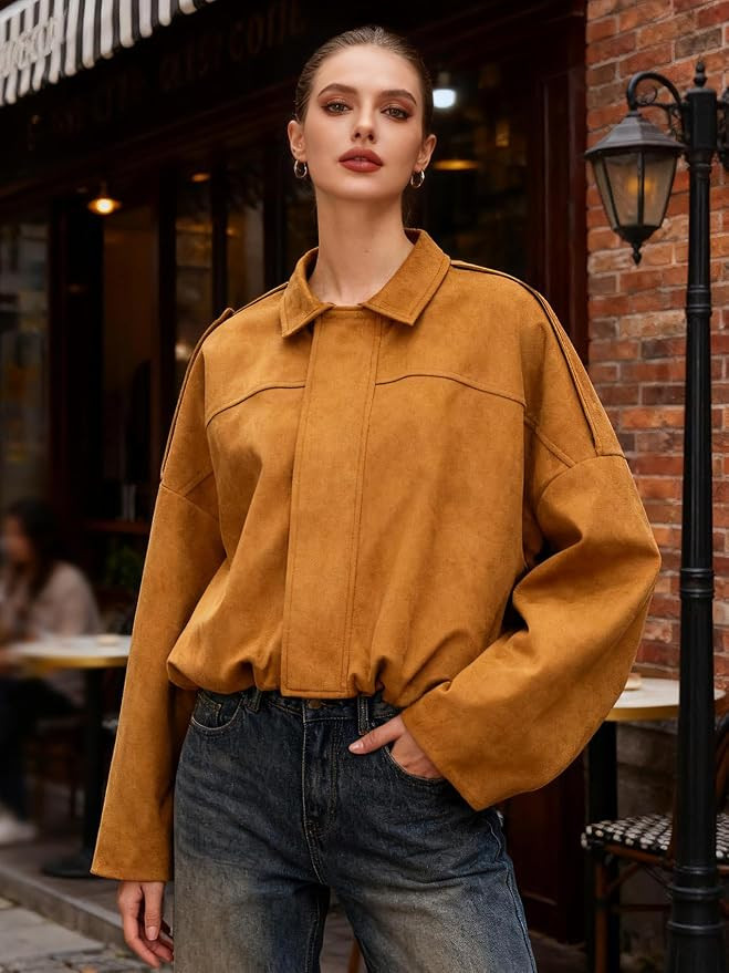 Women's Faux Suede Bomber Jacket Oversized Cropped Pilot Coat Streetwear | Amazon (US)