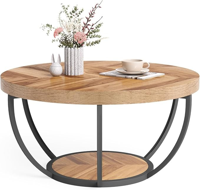 Round Coffee Table, 32" Circle Coffee Table for Living Room, 2-Tier Wood Accent Center Table with... | Amazon (US)