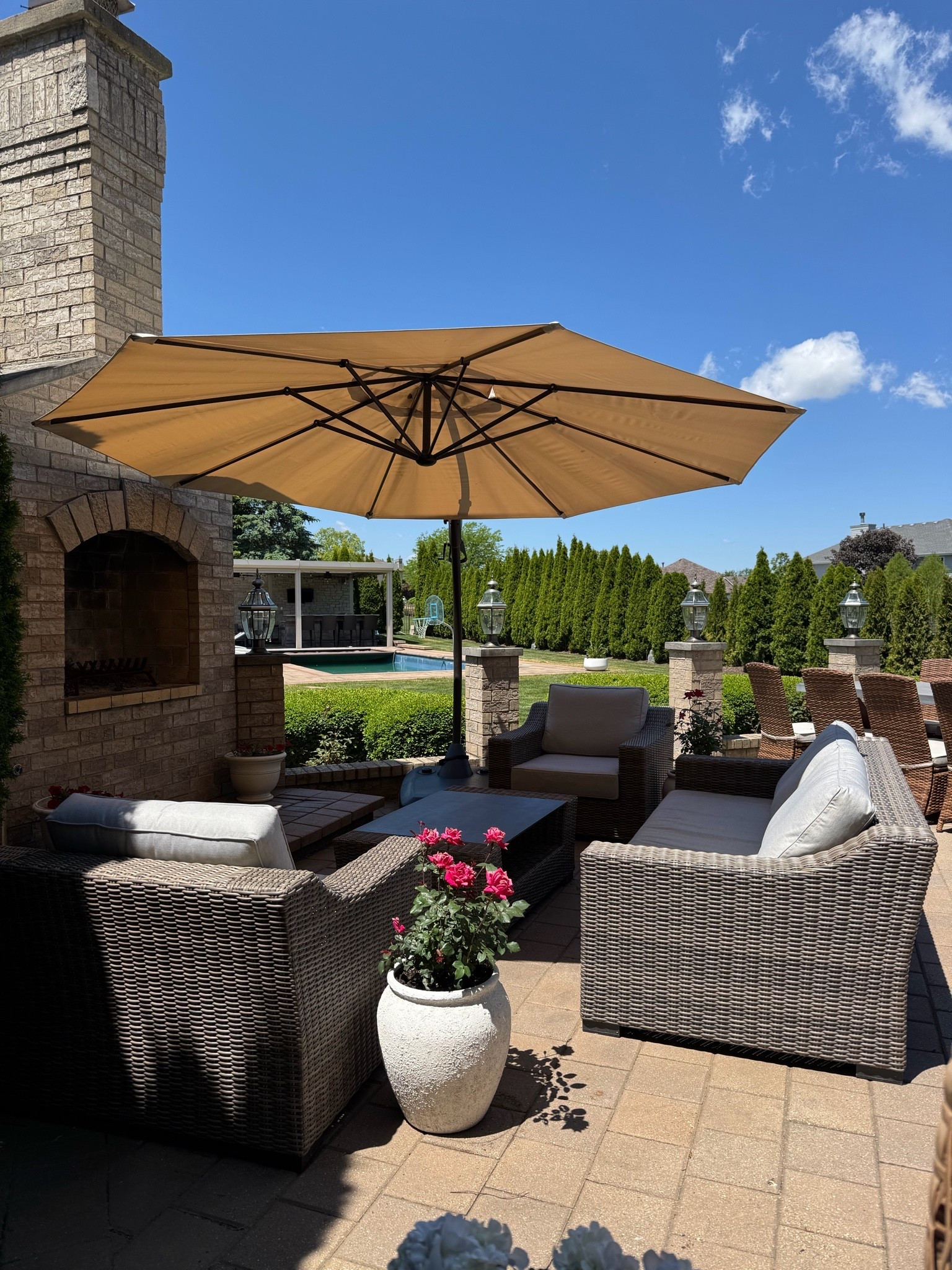 Outdoor summer patio set ☀️  Neutral, comfortable, and perfect for relaxing or entertaining outside.

Linking the patio set and umbrella here.

#LTKHome