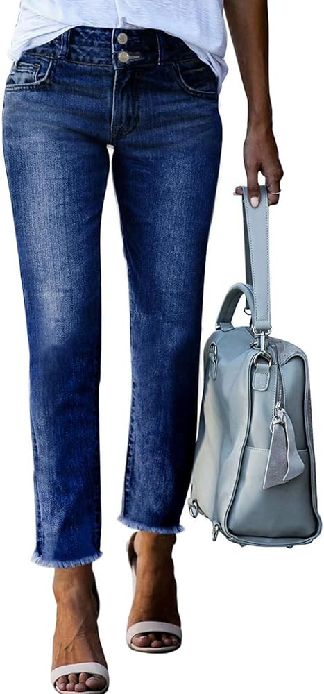 SIDEFEEL Women's High Waisted Jeans Strechy Raw Hem Straight Leg Denim Pants with Pockets | Amazon (CA)
