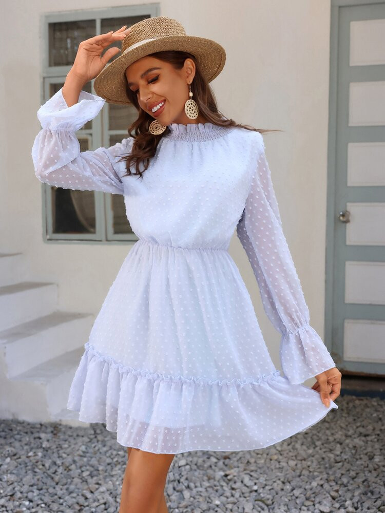 Swiss Dot Flounce Sleeve Shirred Neck Ruffle Hem Dress | SHEIN