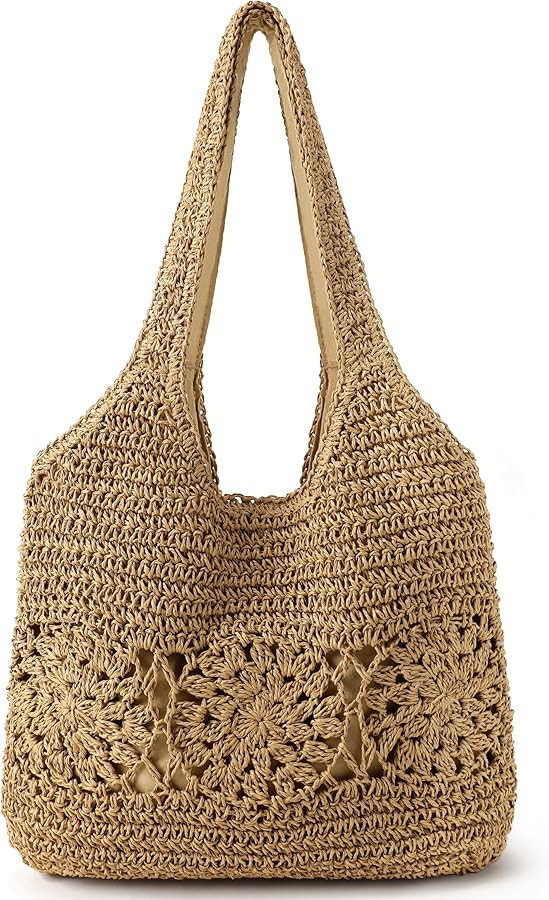 Beach Bag, Straw Beach Bags for Women, Floral Designed Beach Tote Lightweight Foldable Straw Bag | Amazon (US)
