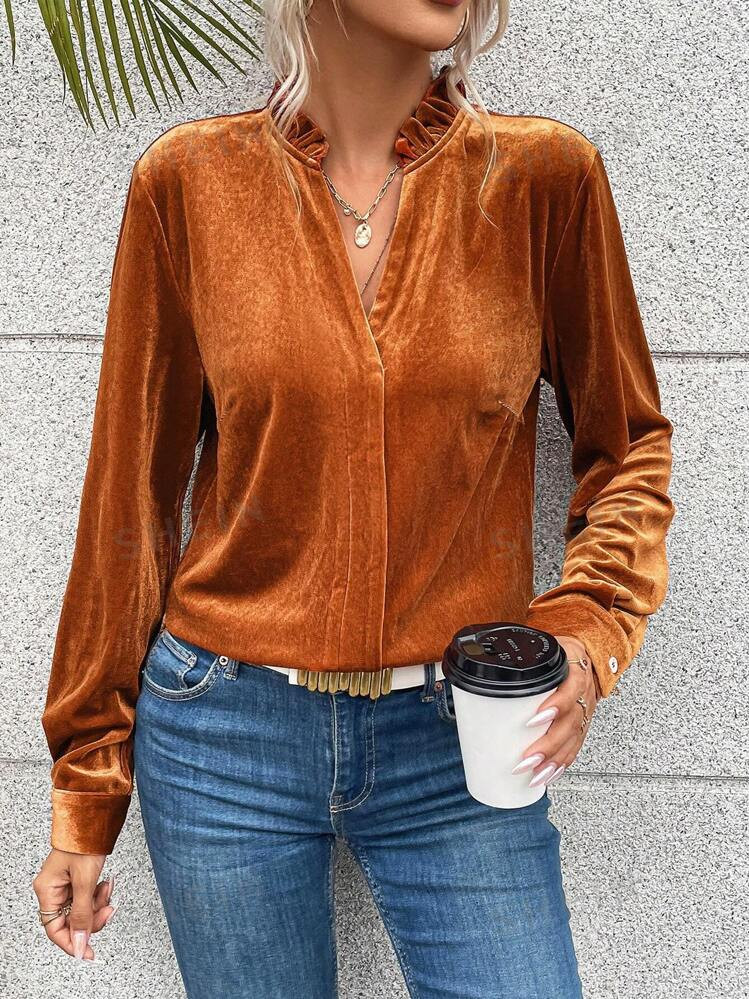 SHEIN Relaxiva Notched Neckline Velvet Tee | SHEIN USA | SHEIN