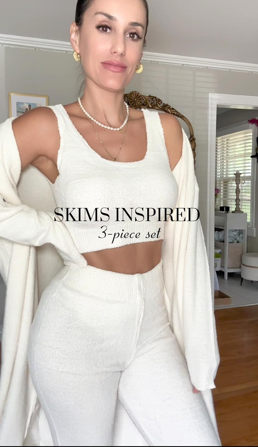 Fixmatti Women's Fuzzy 3 Piece Sweatsuit Open Front Cardigan Crop Tank Tops Wide Legs Pants Loung... | Amazon (US)